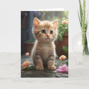 Söt orange tabbykatt som sitter bland blomster tom kort