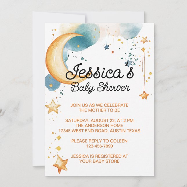 Söt över månen baby shower inbjudningar (Framsida)