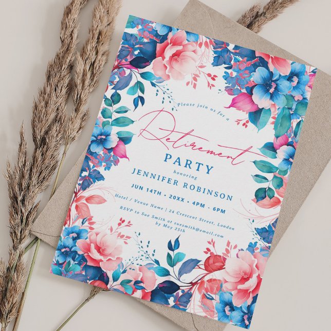 Söt Paediatric Blue & Rosa Blommigt Pension Party Inbjudningar (Pretty Painted Blue & Pink Floral Retirement Party Invitation)