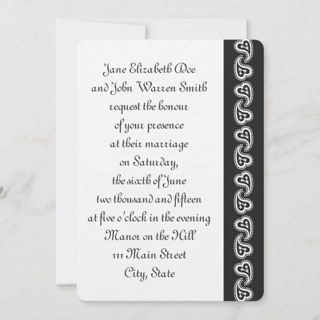 Söt Paisley Hearts in Black Wedding bjudande Inbjudningar (Framsida)