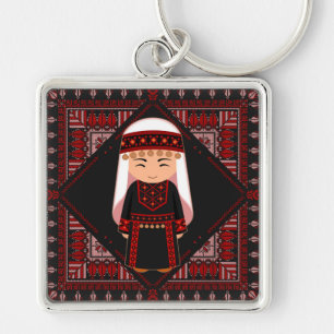 söt palestinsk flicka Embroidery Red tatreez Fyrkantig Silverfärgad Nyckelring