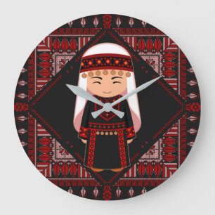 söt palestinsk flicka Embroidery Red tatreez Stor Klocka