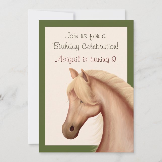 Söt Palomino Horse Birthday bjudande ~ Girls Inbjudningar (Framsida)