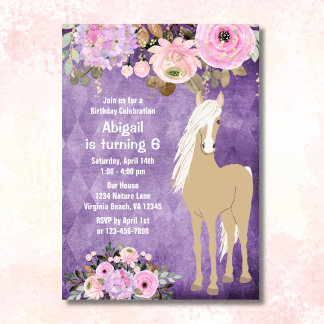 Söt Palomino Horse Rosa Lila Blommigt Birthday Inbjudningar