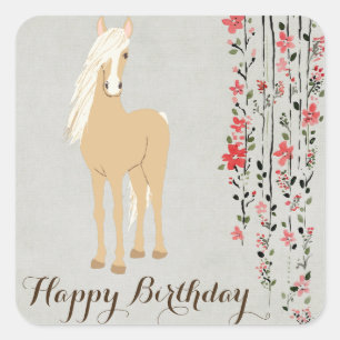 Söt Palomino Pony Flowers Horse Grattis på födelse Fyrkantigt Klistermärke