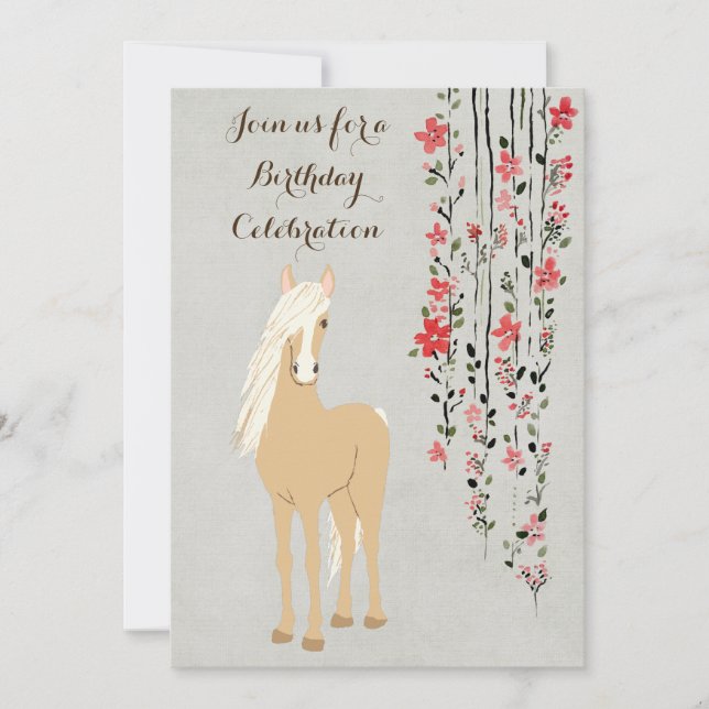 Söt Palomino Pony och Flowers Horse Birthday Inbjudningar (Framsida)