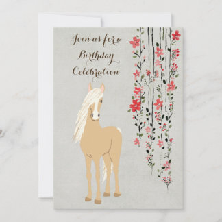 Söt Palomino Pony och Flowers Horse Birthday Inbjudningar