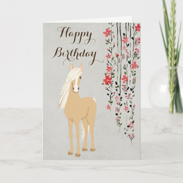 Söt Palomino Pony och Flowers Horse Birthday Kort (Framsida)