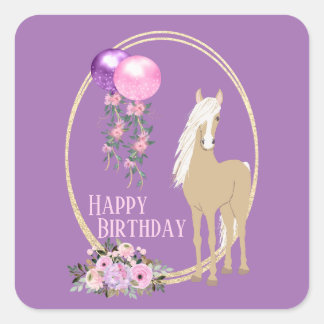 Söt Palomino Rosa Lila blommor Horse Birthday Fyrkantigt Klistermärke