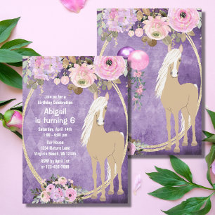 Söt Palomino Rosa Lila blommor Horse Birthday Inbjudningar