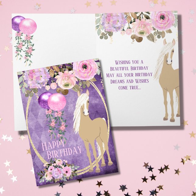 Söt Palomino Rosa Lila blommor Horse Birthday Kort (Skapare uppladdad)