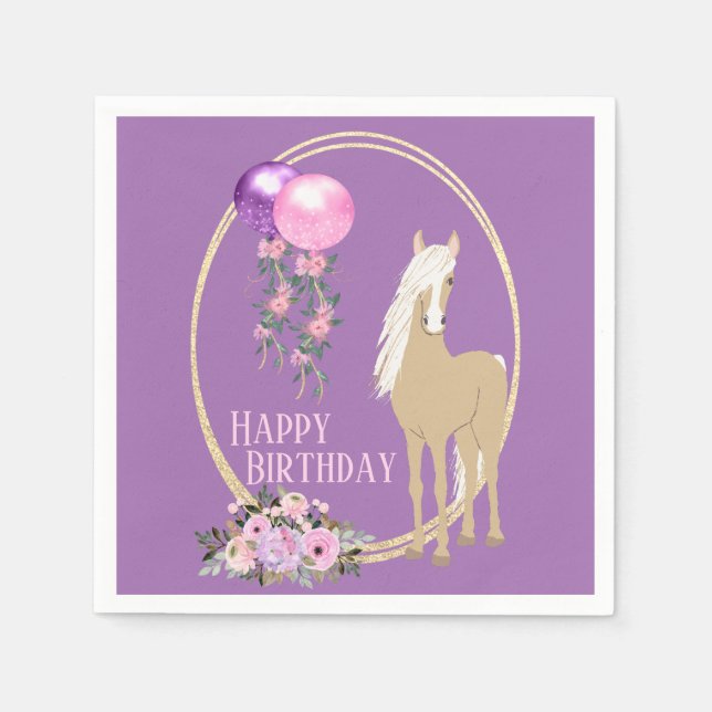 Söt Palomino Rosa Lila blommor Horse Birthday Pappersservett (Framsidan)