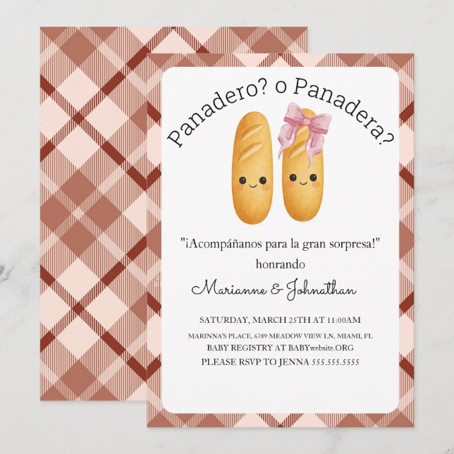 Söt Panadero eller Panadera Baby-avslöjande  Inbjudningar (Fram/baksida)