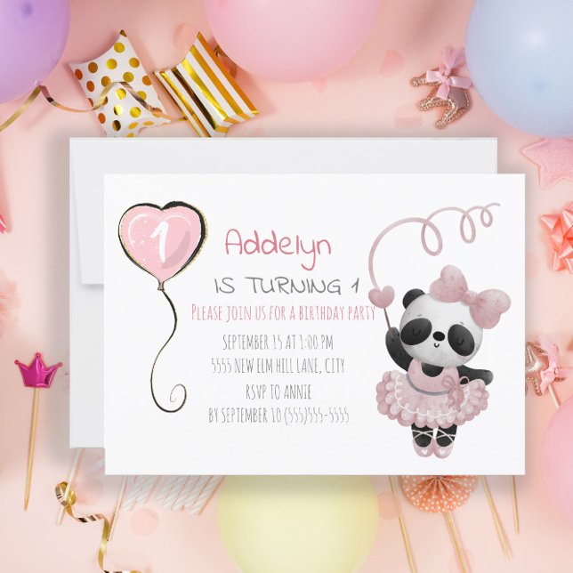 Söt Panda Björn Balett Rosa 1-årsdag Inbjudningar (Skapare uppladdad)