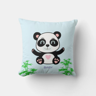 Söt Panda Björn & Bambu på Ljusblå Kudde