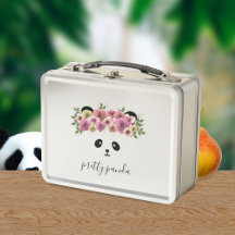 Söt Panda Björn Flicka Blommig Metall Lunchlåda