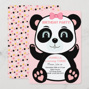 Söt Panda Björn Flicka Födelsedagsinbjudan Inbjudningar