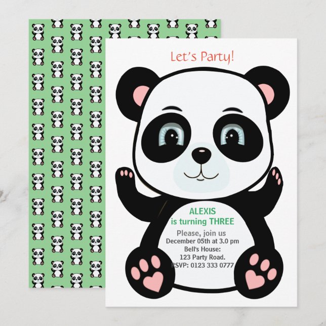 Söt Panda Björn Födelsedag Inbjudningar (Fram/baksida)