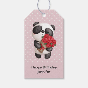 Söt Panda Björn med Rosbukett Födelsedag Presentetikett