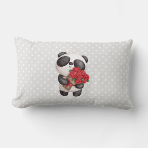 Söt Panda Björn med Rosbukett Lumbarkudde