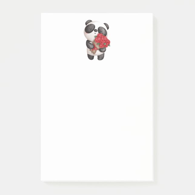 Söt Panda Björn med Rosbukett Post-it Block (Framsida)