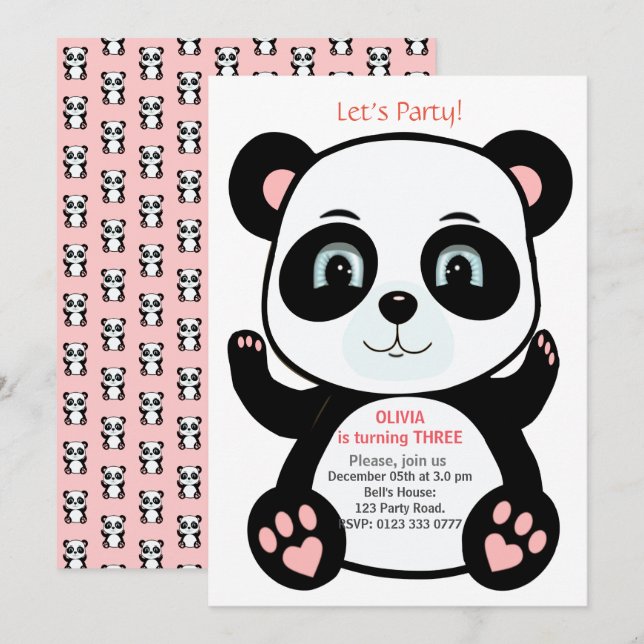 Söt Panda Björn på Rosa & Vit Födelsedag Inbjudningar (Fram/baksida)
