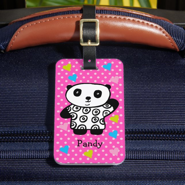 Söt Panda Björn Rosa Flicka Prickar Hjärtan Bagagebricka (Framsida Insitu 2)