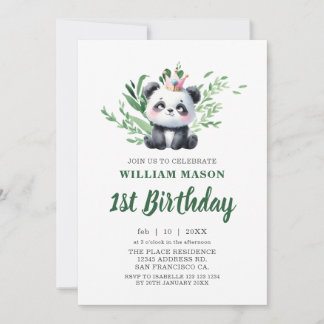 Söt Panda Björn Vattenfärg Grönska 1-årsfödelsedag Inbjudningar