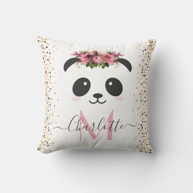 Söt panda blommigt monogram personlig kudde (Framsida)