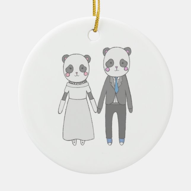 Söt Panda Bröllopspar – Kawaii Brud & Brudgum Julgransprydnad Keramik (Framsidan)