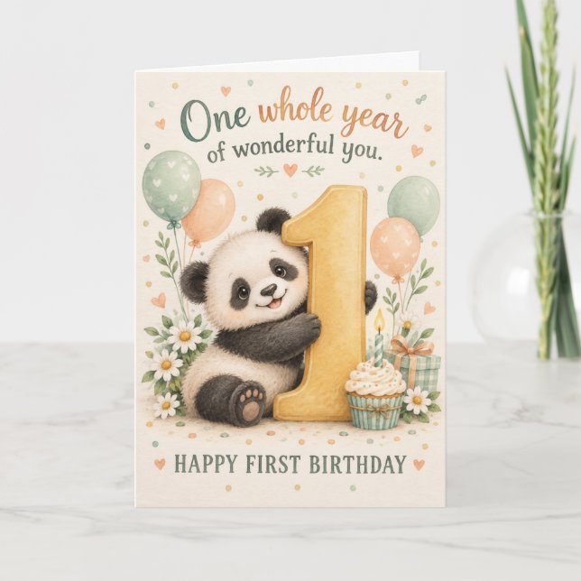 Söt Panda Ett Underbart År Första Födelsedagen Kort (Framsida)