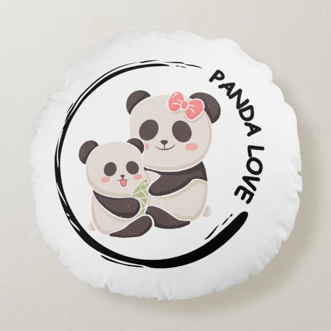 Söt Panda Familj Rund Kudde (Framsidan)