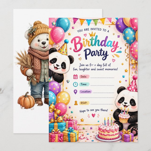 Söt Panda Födelsedagsfest Inbjudningskort (Fram/baksida)