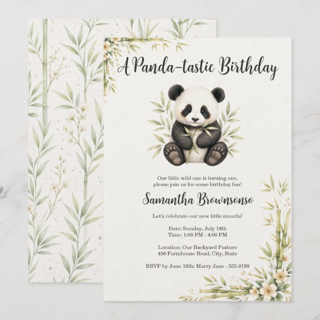 Söt Panda Första Födelsedag Inbjudningar (Fram/baksida)