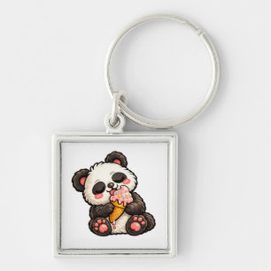 Söt Panda Glass Fyrkantig Silverfärgad Nyckelring