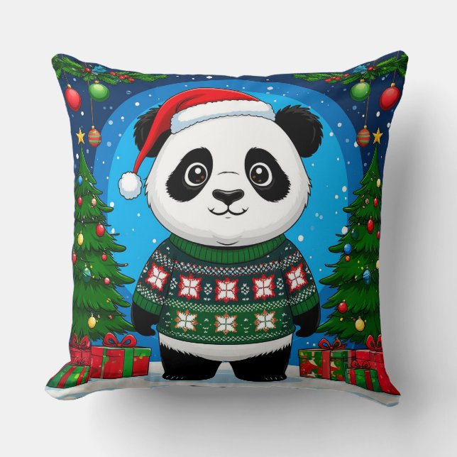 Söt Panda i Julsvettar Har Santahatt Kudde (Framsida)