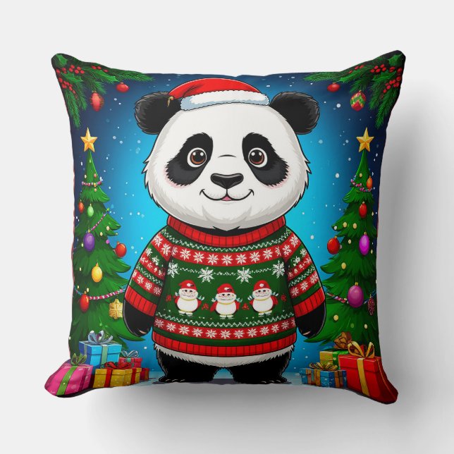 Söt Panda i Julsvettar Har Santahatt Kudde (Framsida)