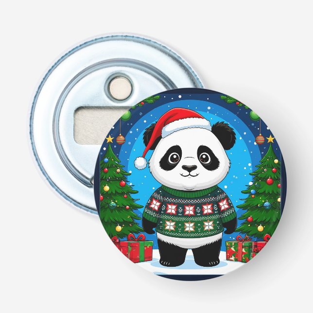 Söt Panda I Julsvettar Trär En Julhatt Flasköppnare (Framsidan)