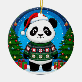 Söt Panda I Julsvettar Trär En Julhatt Julgransprydnad Keramik