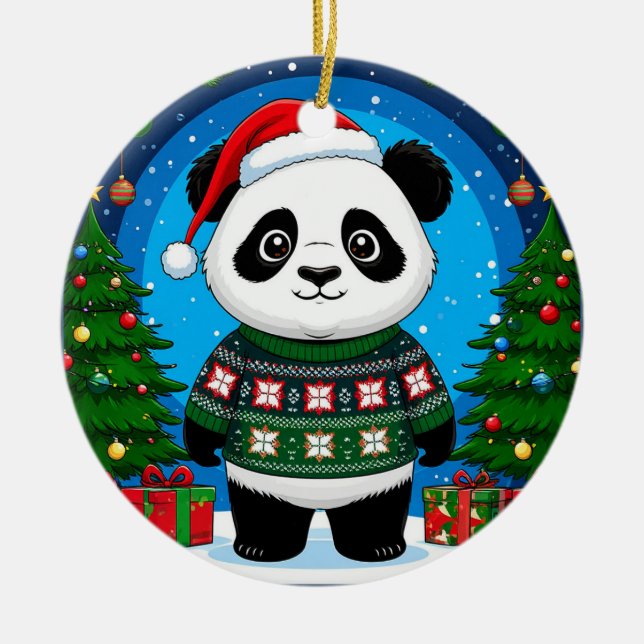 Söt Panda I Julsvettar Trär En Julhatt Julgransprydnad Keramik (Framsidan)