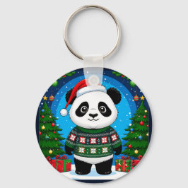 Söt Panda I Julsvettar Trär En Julhatt Nyckelring