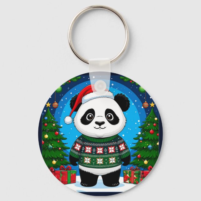 Söt Panda I Julsvettar Trär En Julhatt Nyckelring (Framsida)
