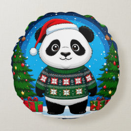 Söt Panda I Julsvettar Trär En Julhatt Rund Kudde