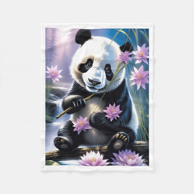 Söt Panda med Rosa Lotusblommor Filta Fleecefilt (Framsidan)