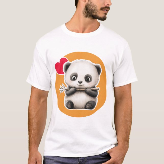Söt Panda med sin Bambusticka T Shirt (Framsida)