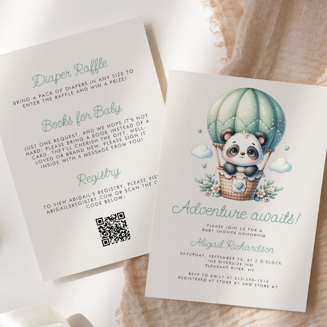 Söt Panda Mintgrön Ballong QR-kod Bebisbadkar Inbjudningar (Skapare uppladdad)