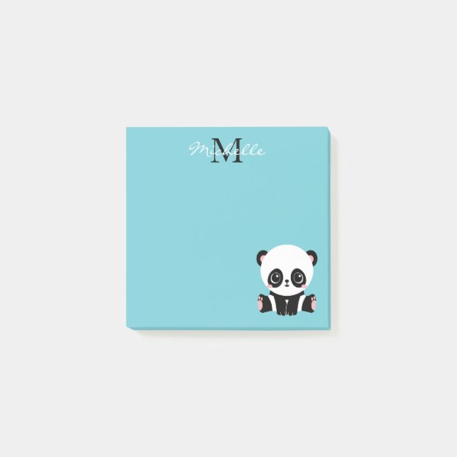Söt Panda Monogram Bubble Gum Blå Post-it Block (Framsida)