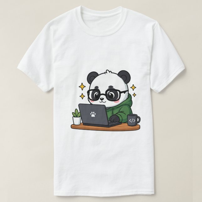 Söt Panda Programmerare Kodar Bärbar Dator | Kawai T Shirt (Design framsida)