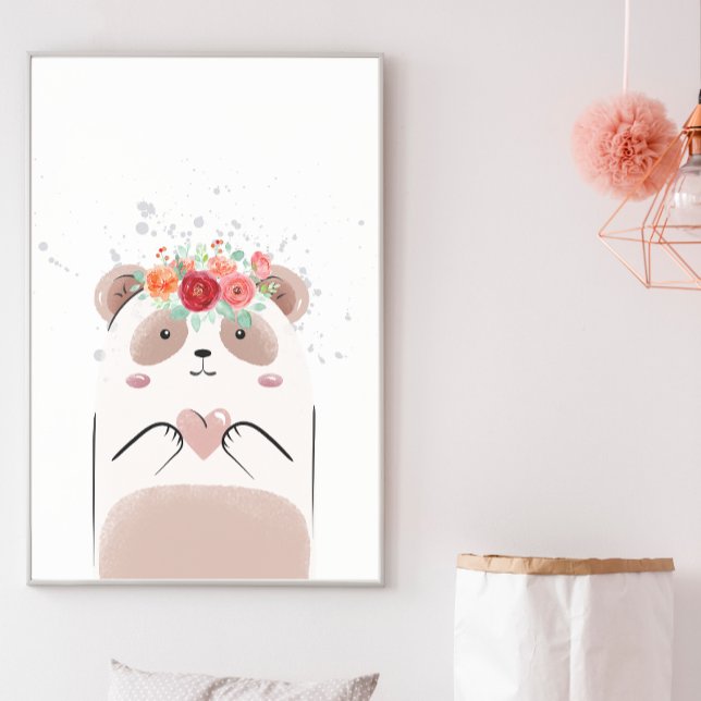Söt Panda Rosa Hjärtan Vattenfärg Blommor Barnkamm Poster (Skapare uppladdad)