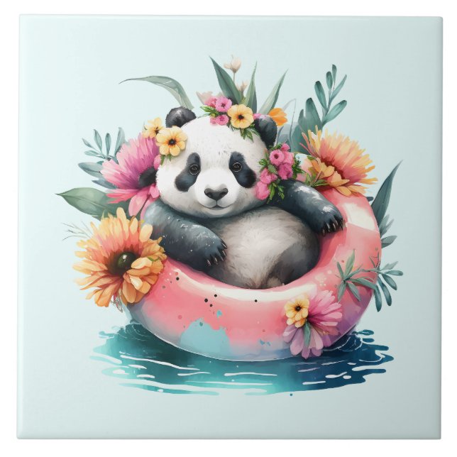 Söt panda som chillar i en innertub kakelplatta (Framsidan)